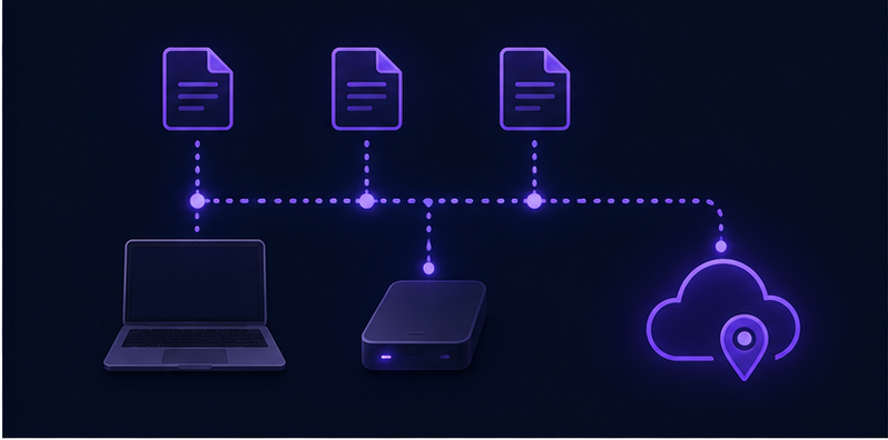 3-2-1 backup rule infographic: three copies, two media, one offsite