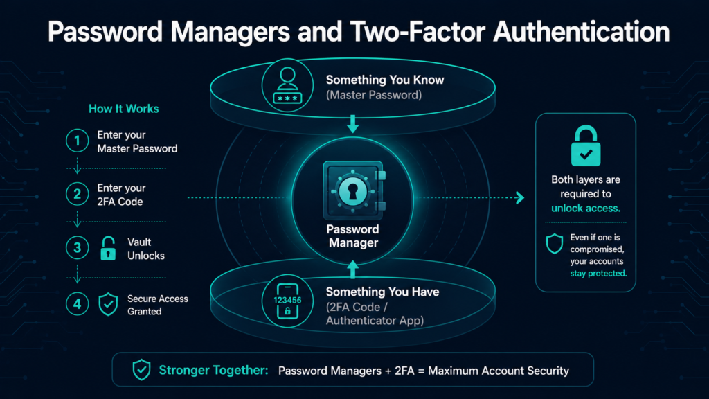 Diagram showing password managers combined with two-factor authentication as layered account security