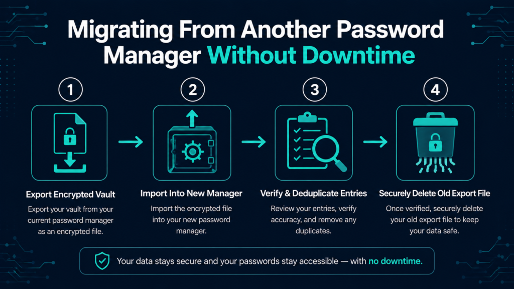 4-step infographic for migrating from another password manager without downtime: export encrypted vault, import into new manager, verify and deduplicate entries, securely delete old export file