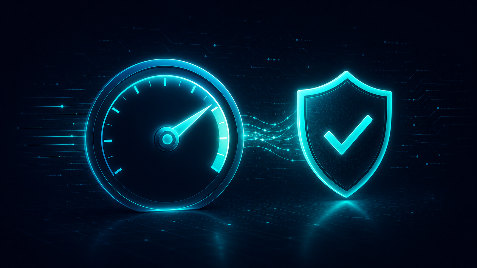 Speedometer next to a verified shield icon representing fast VPN speeds without sacrificing security