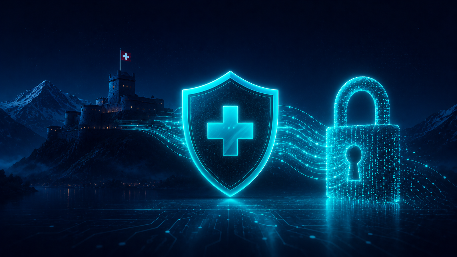 Swiss castle with flag and security shield representing ProtonVPN's privacy-friendly Swiss jurisdiction