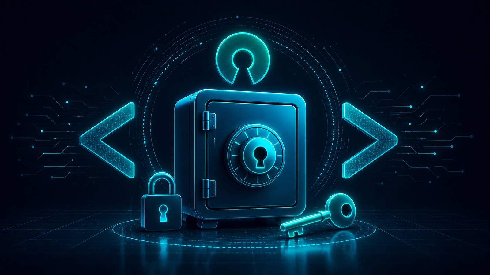 Digital safe with an open-source code icon representing ProtonVPN's audited, open-source apps