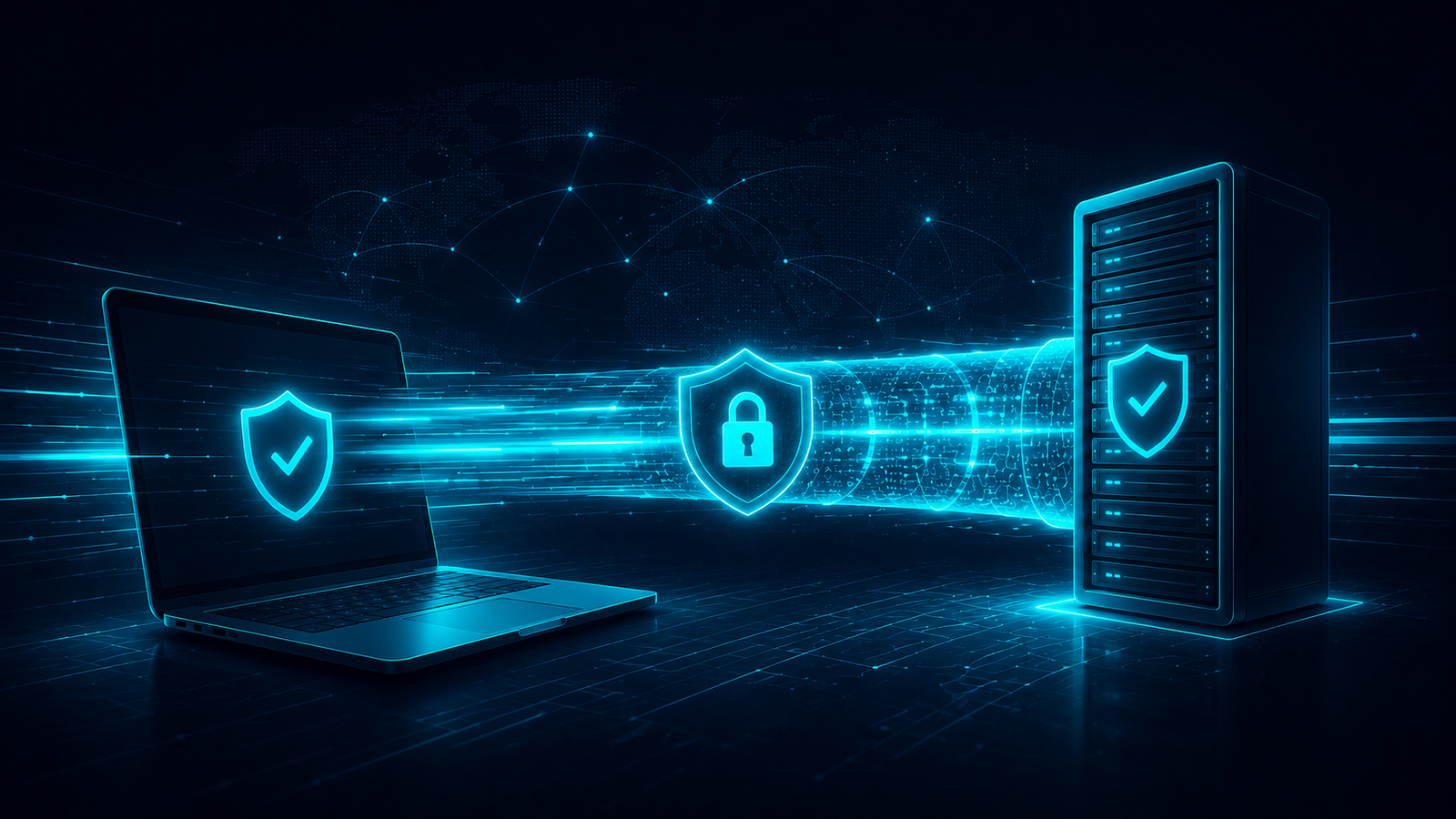 Diagram of a secure encrypted VPN tunnel connecting a laptop to a protected remote server