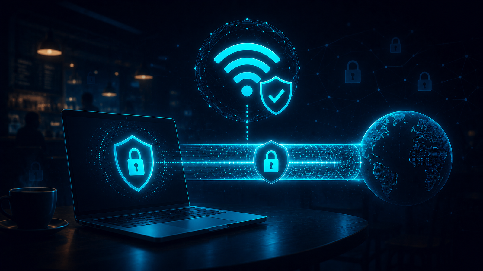 Diagram showing a VPN encrypting a laptop's connection over public WiFi through a secure tunnel to the internet