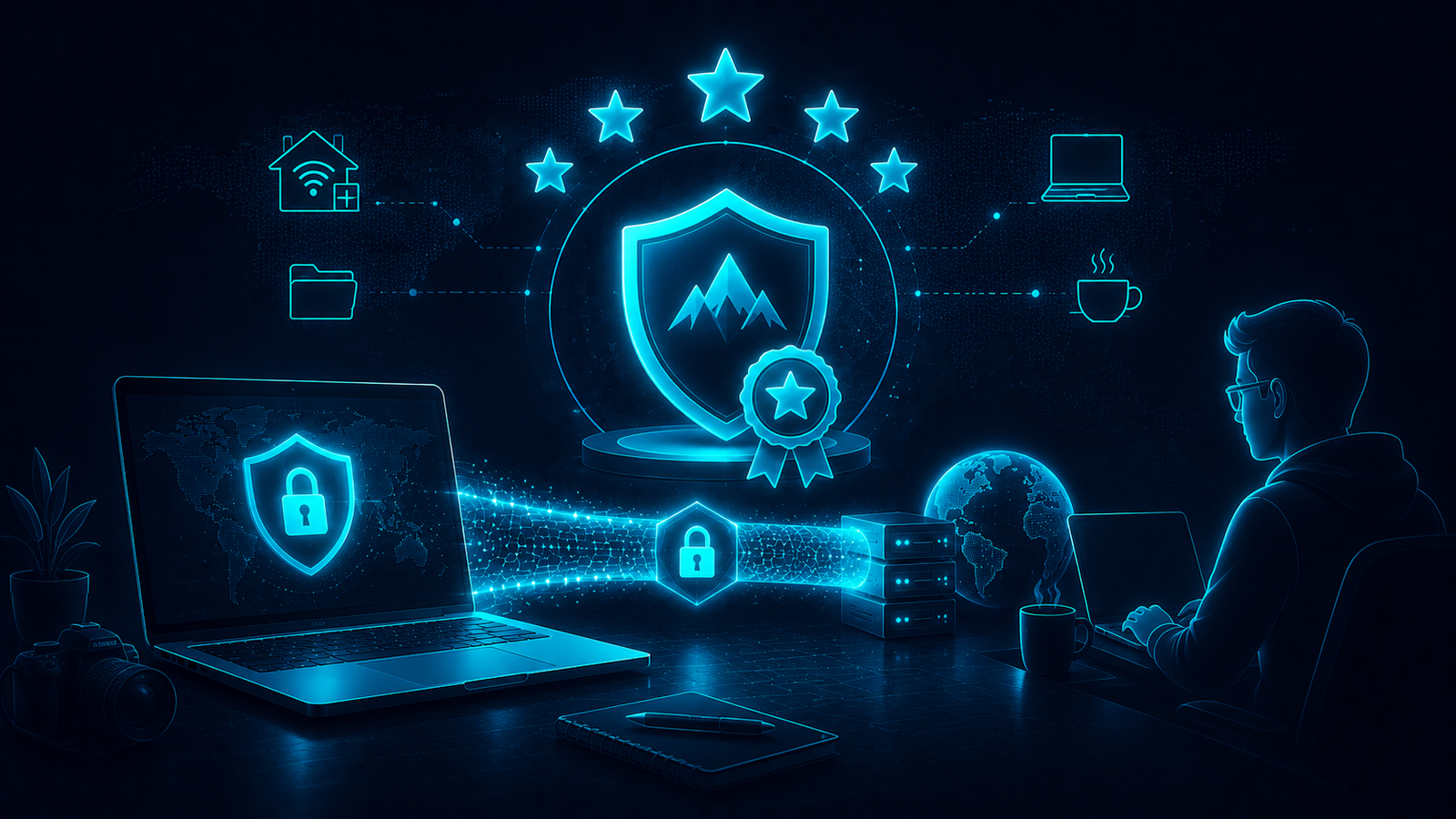 Five-star rating badge over a shield icon representing top-rated VPN reviews from independent testers