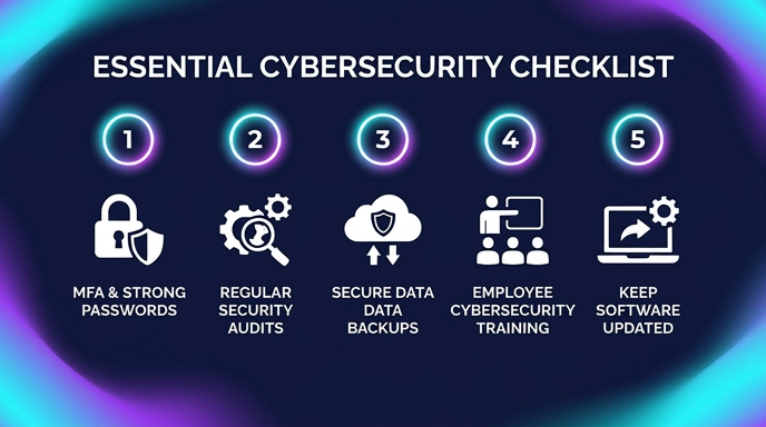 Infographic checklist of the 5 essential cybersecurity steps for freelancers: MFA, security audits, secure backups, employee training, software updates