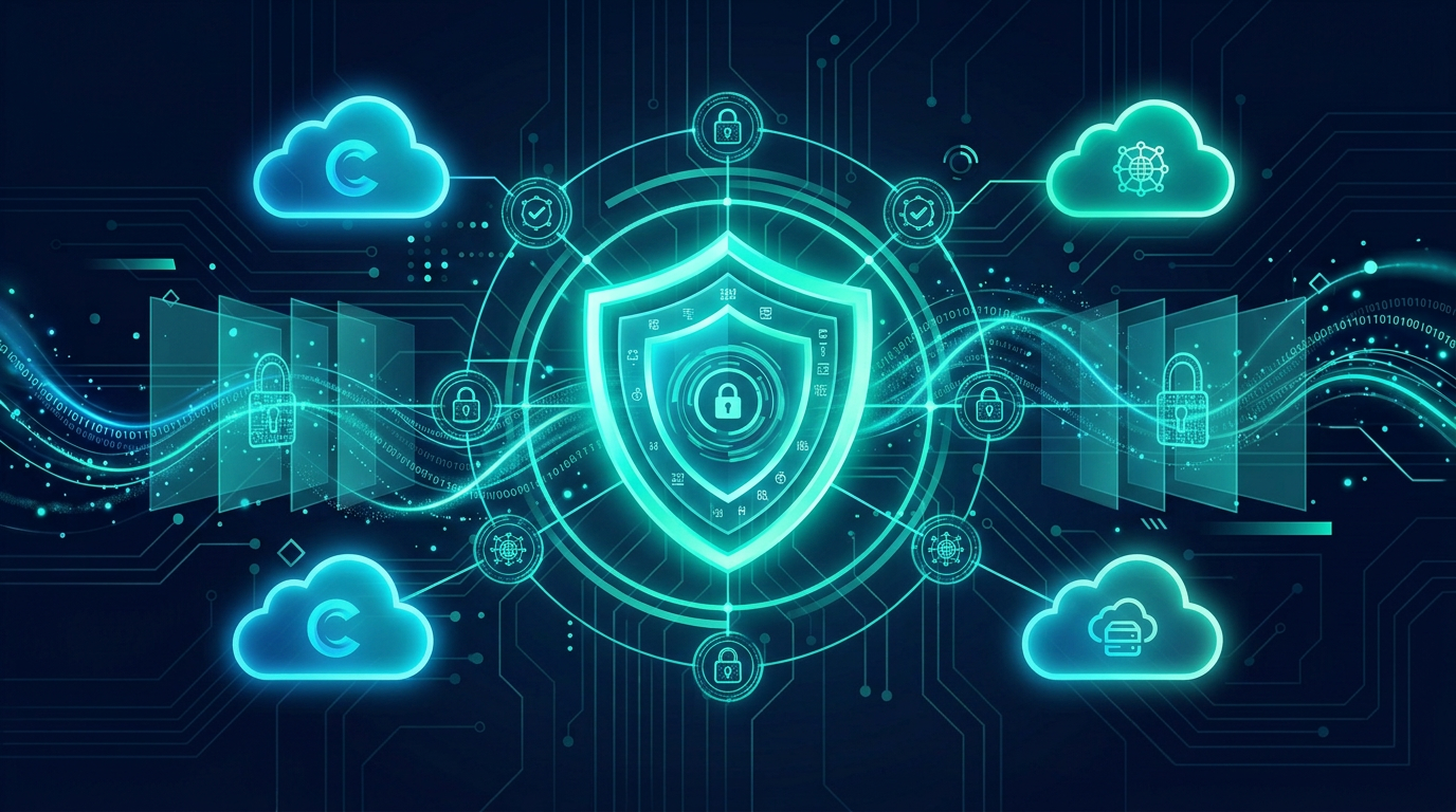 Zero Trust security architecture illustration with shield and verification checkpoints