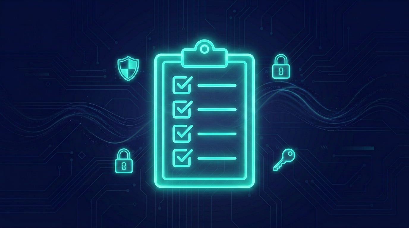 Cybersecurity checklist illustration with clipboard, lock, and shield icons