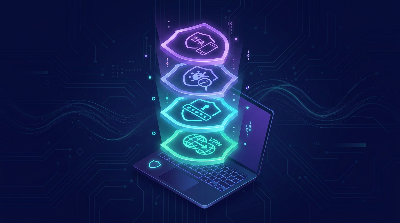 Layered cybersecurity stack illustration for freelancers with stacked shield icons