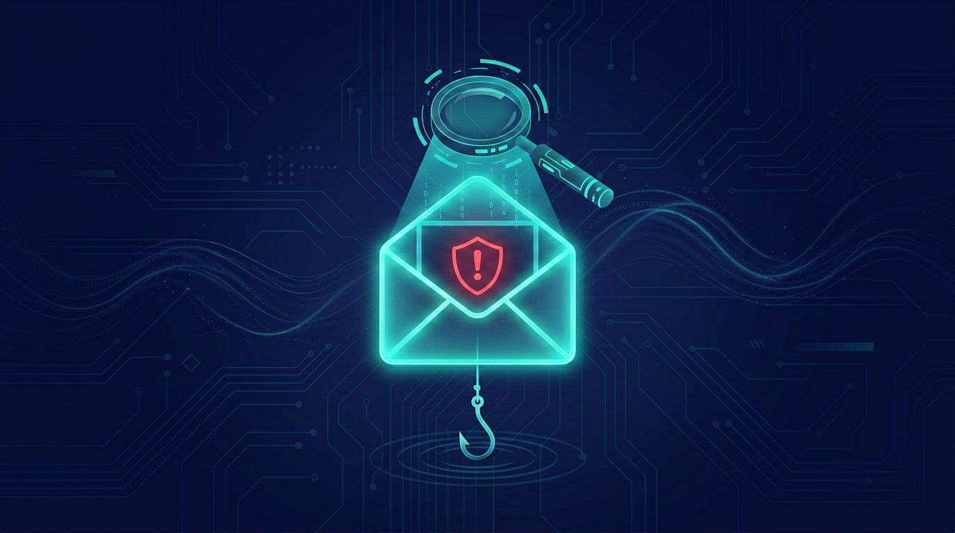 Phishing detection illustration with envelope, warning symbol, and magnifying glass