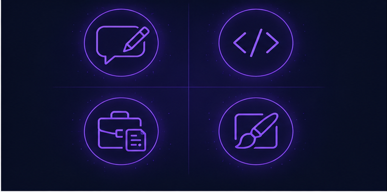 Four categories of AI tools for freelancers infographic: writing, coding, business management, design
