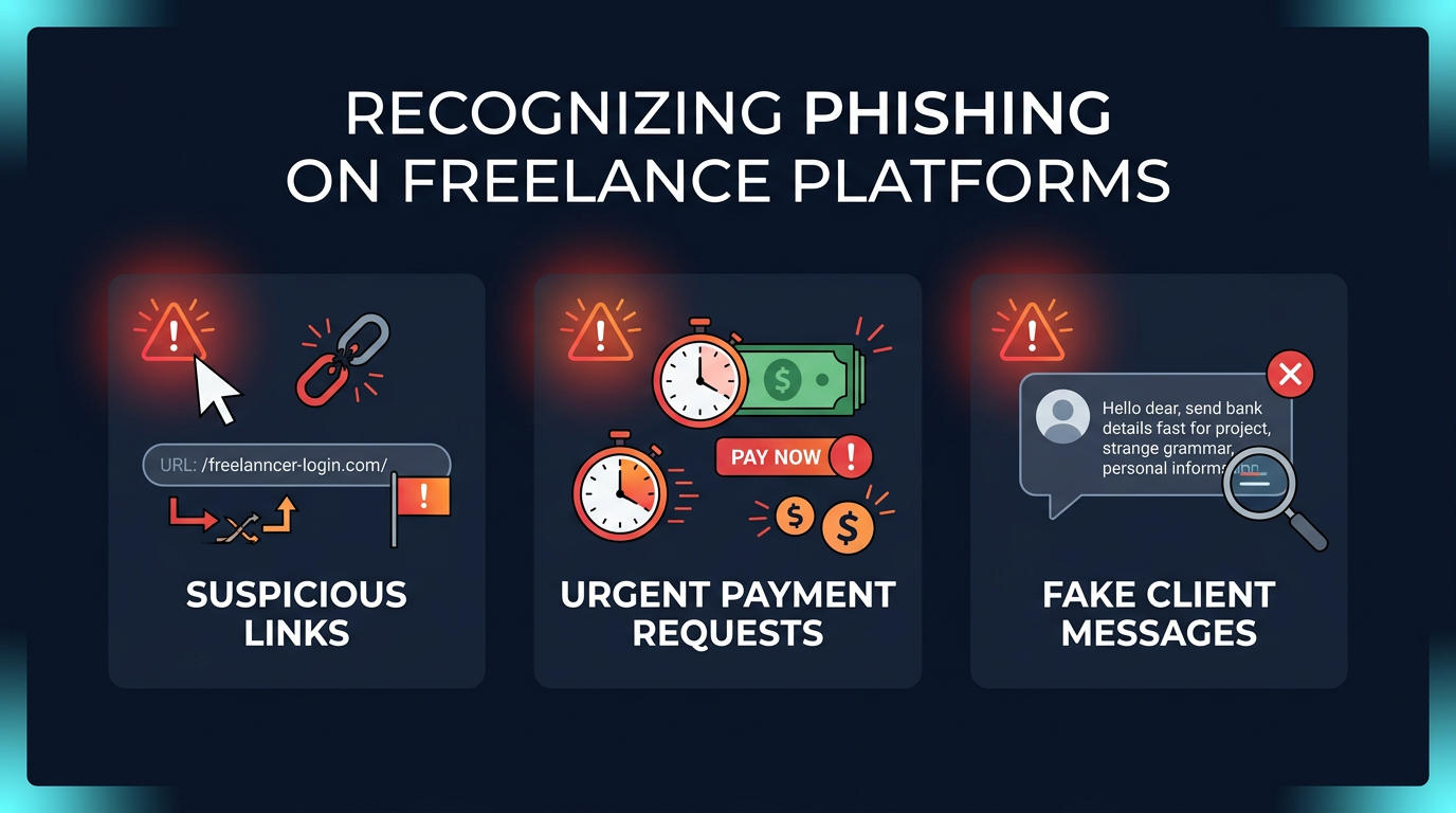 Infographic showing 3 phishing red flags on freelance platforms: suspicious links, urgent payment requests, fake client messages