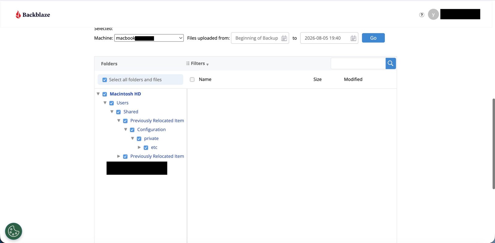 Backblaze View/Restore Files interface showing a browsable folder tree of backed up data