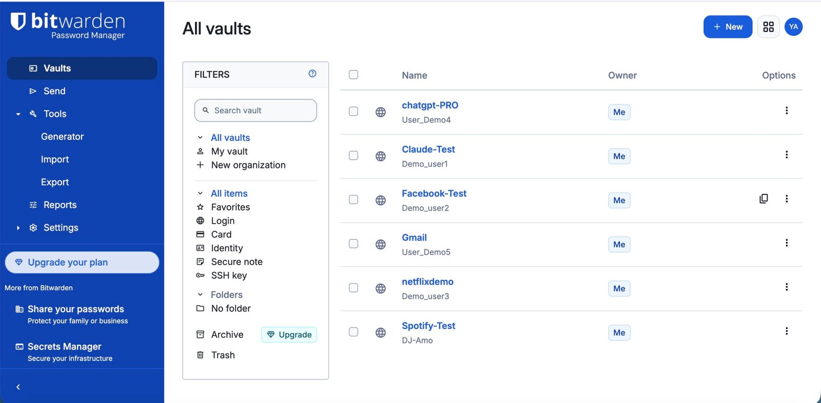 Bitwarden review 2026: password manager vault showing several saved login entries