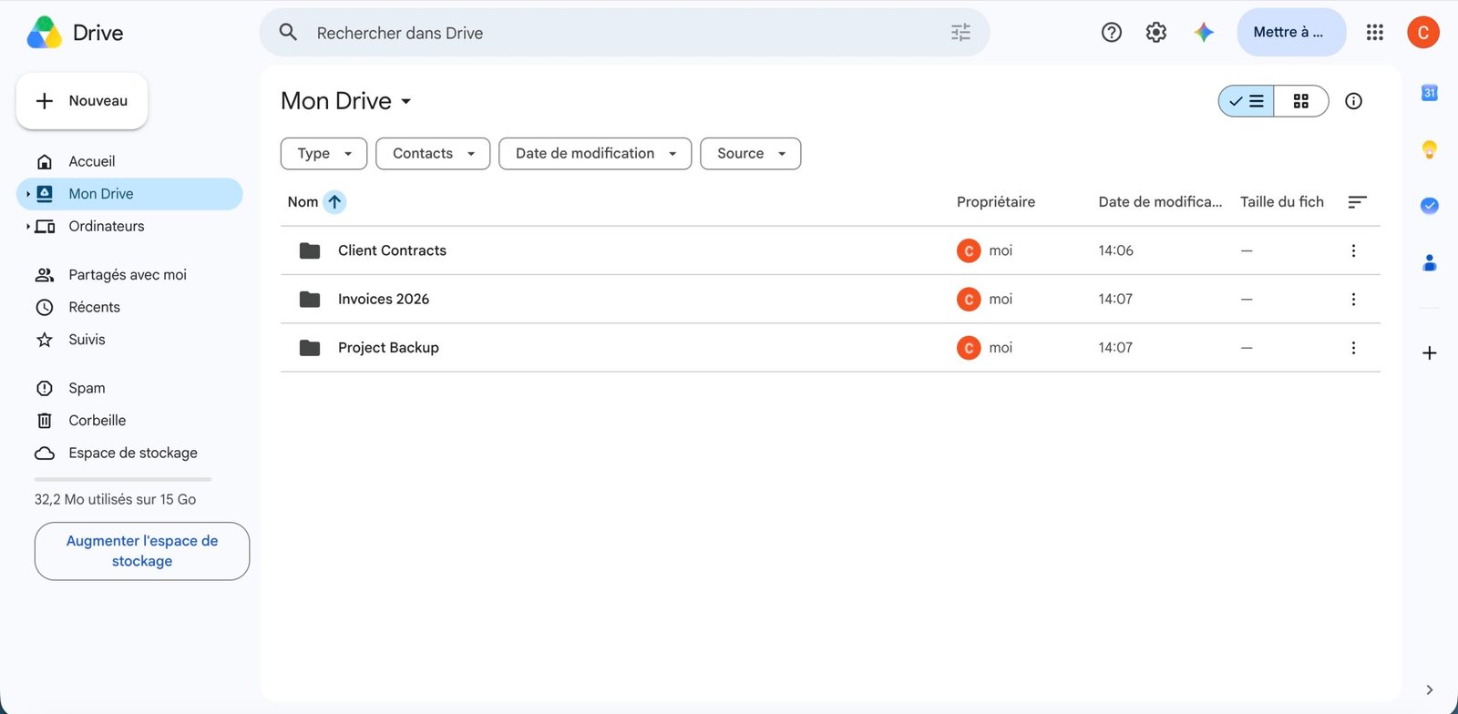 Google Drive vs Dropbox vs OneDrive comparison: Google Drive My Drive view showing Client Contracts, Invoices 2026, and Project Backup folders