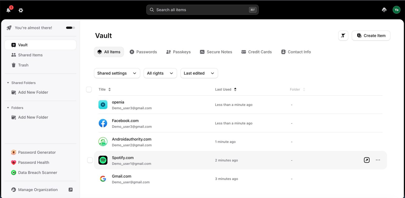NordPass review 2026: vault showing several saved login entries including demo accounts