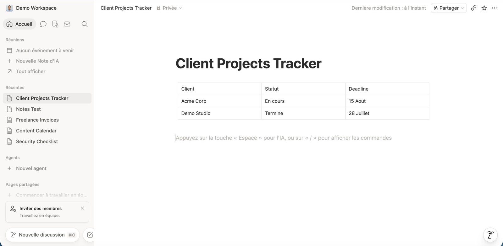 Notion review 2026: workspace sidebar and a Client Projects Tracker table with demo entries