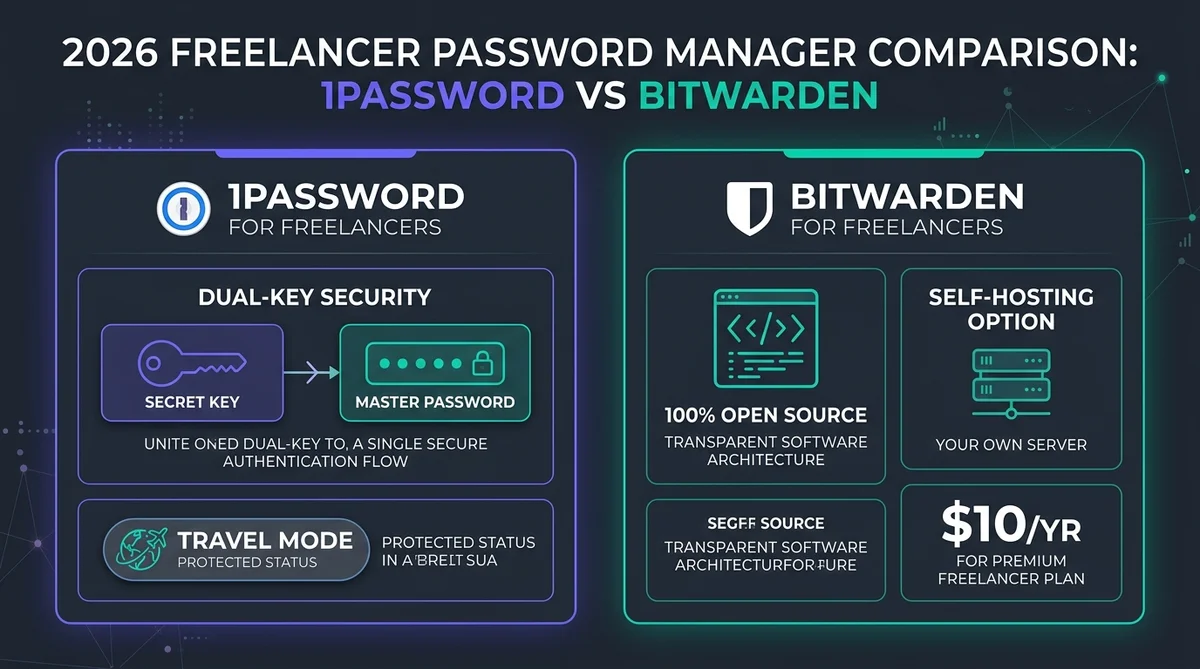 1Password vs Bitwarden 2026 comparison guide: Secret Key dual security, open source code, and pricing audit