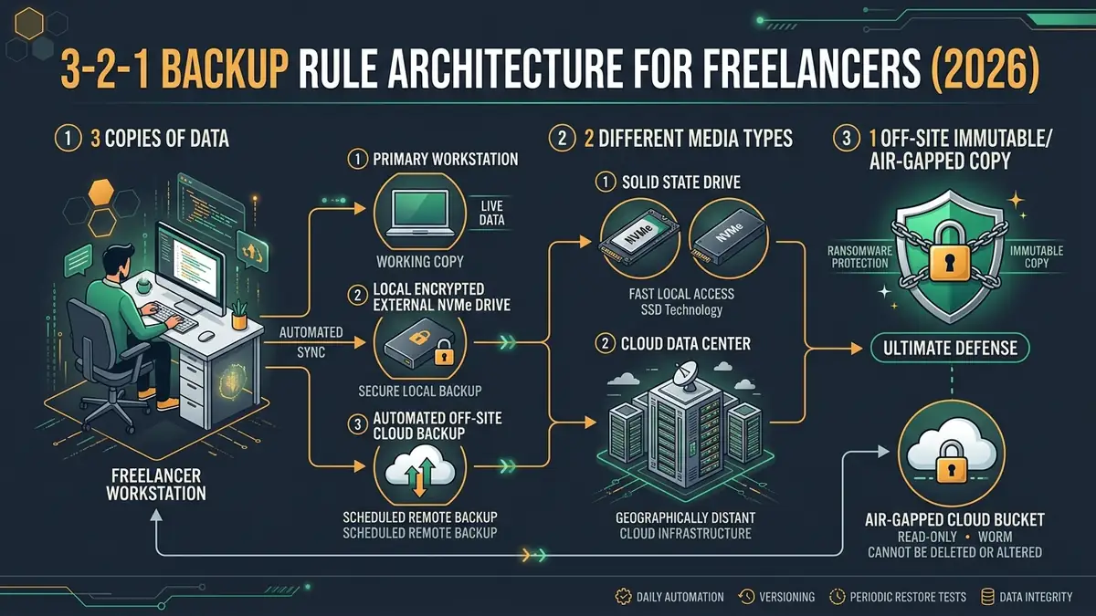 3-2-1 Backup Rule Architecture for Freelancers 2026: 3 data copies, 2 media types, and 1 off-site immutable cloud backup for ransomware protection