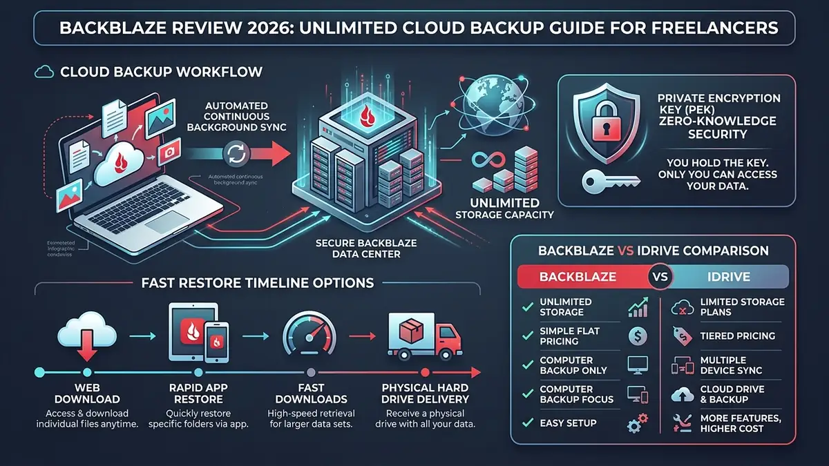 Backblaze Review 2026 comparison guide: automated background sync, unlimited cloud backup, private encryption key PEK security, and restore timeline benchmark