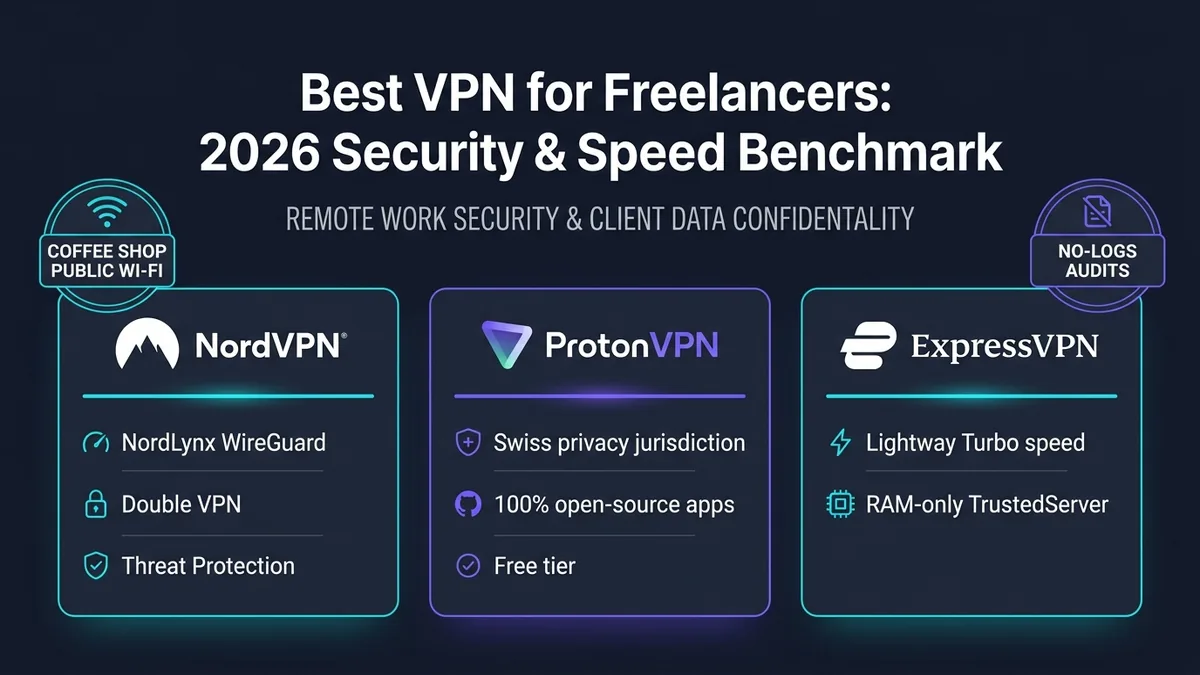 Best VPN for Freelancers 2026 comparison guide: NordVPN vs ProtonVPN vs ExpressVPN speed retention and client security benchmark