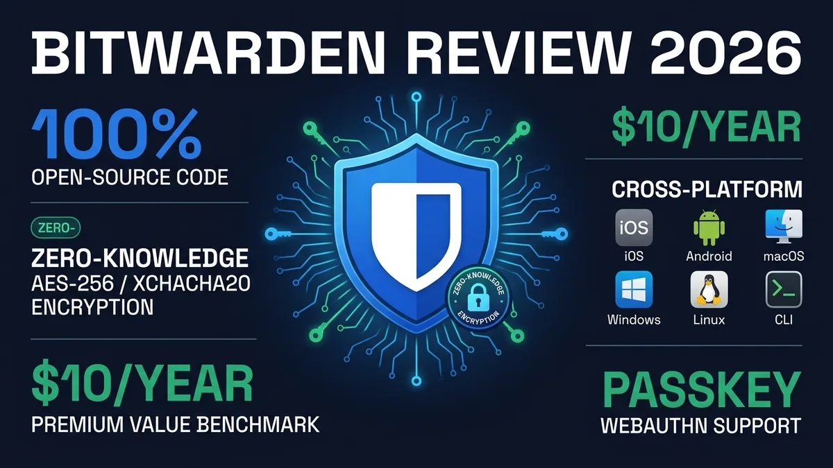 Bitwarden Review 2026 guide benchmark: open-source security, zero-knowledge encryption, and pricing