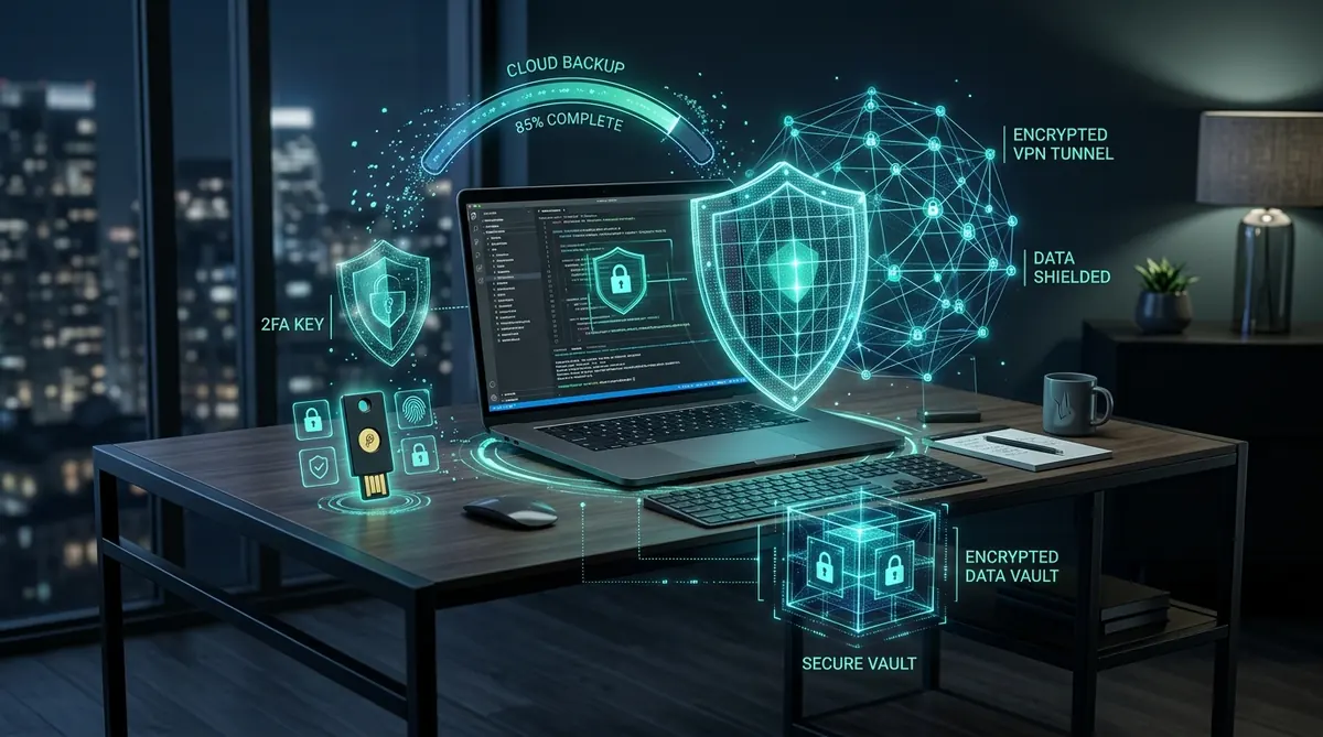 Cybersecurity for freelancers in 2026: multi-layered defense featuring password managers, encrypted VPN tunnels, 2FA hardware keys, and automated cloud backups