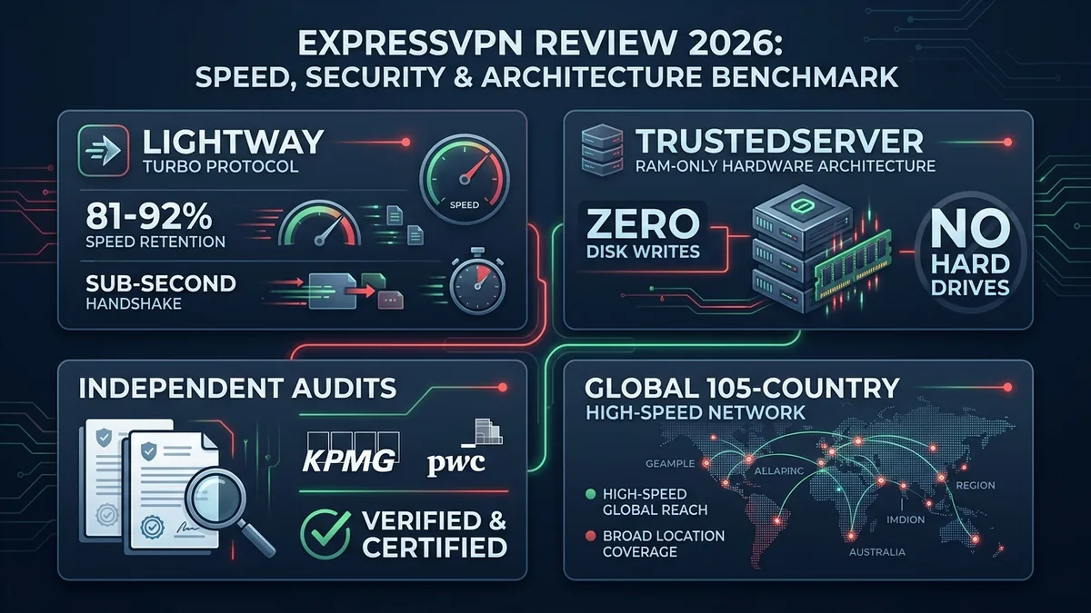 ExpressVPN Review 2026: Lightway protocol, TrustedServer RAM, and KPMG security audits