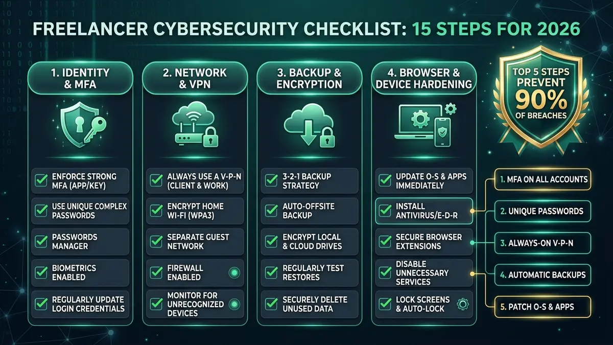 Freelancer cybersecurity checklist 2026: 15 essential security steps for identity, VPN, backups, and device hardening