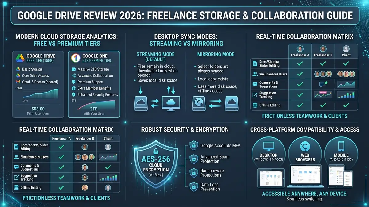 Google Drive Review 2026 comparison guide: storage tiers, desktop streaming vs mirroring, real-time collaboration matrix, and cloud encryption benchmark