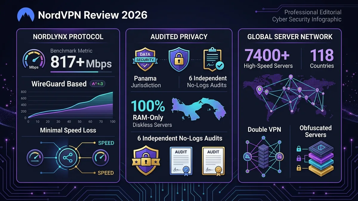 NordVPN Review 2026 guide: NordLynx 817+ Mbps benchmark, RAM-only Panama servers, and 6 independent audits