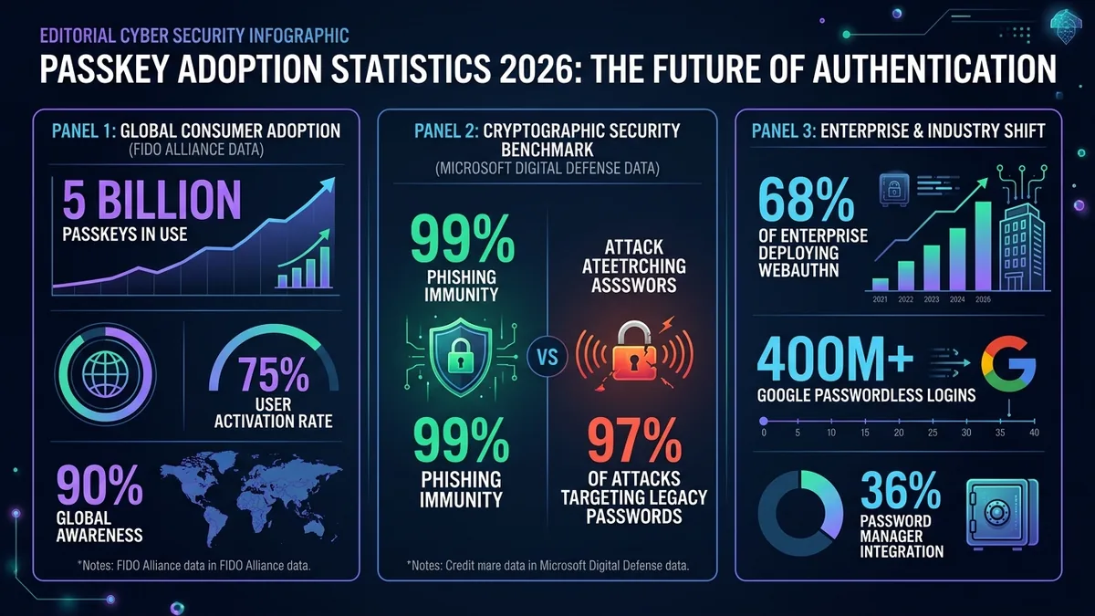 Passkey adoption statistics 2026 benchmark infographic showing WebAuthn metrics and phishing reduction