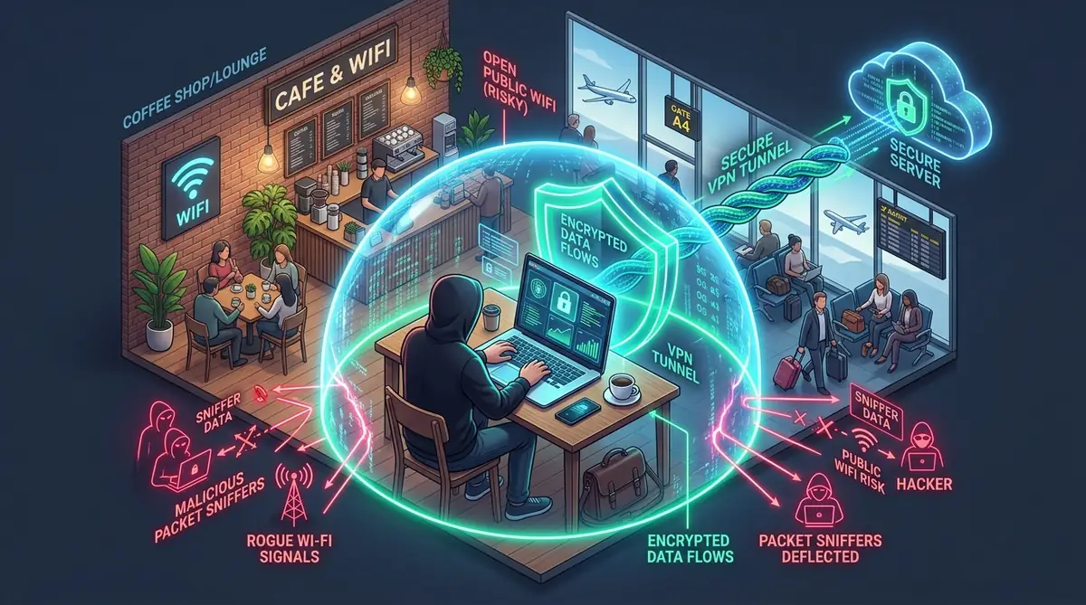 VPN for public WiFi architecture diagram protecting remote freelancer laptop on untrusted cafe network