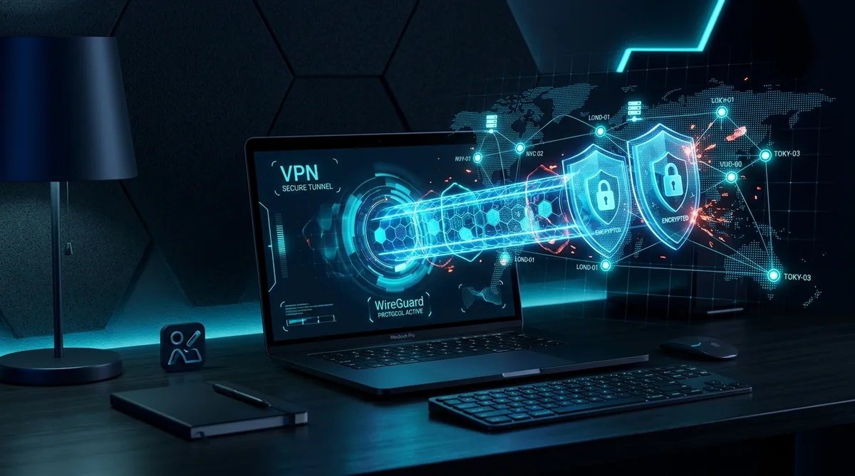 VPN security for freelancers in 2026: encrypted WireGuard tunnel, global server network, and public Wi-Fi protection