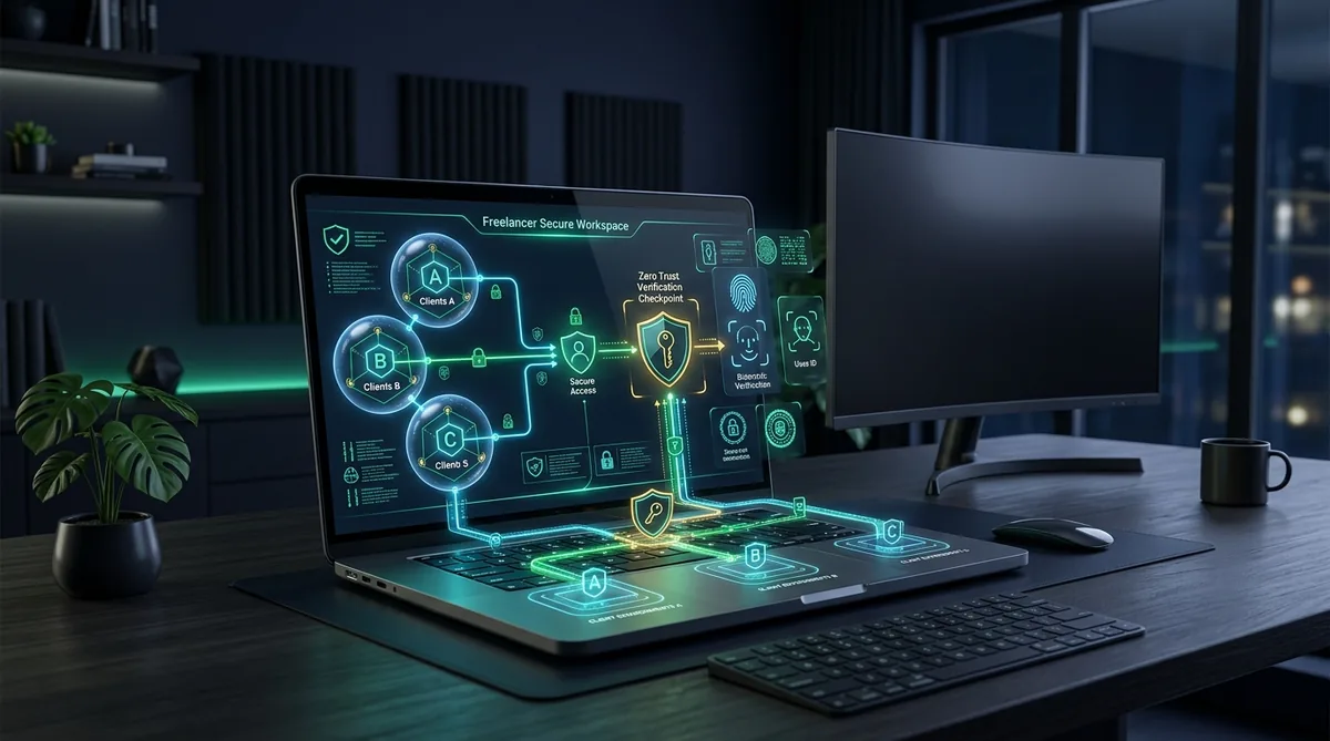 Zero trust security for freelancers in 2026: segmented client workspaces, biometric verification, and least privilege access controls